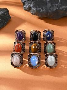 1pc Natural Crystal Natural Stone Egg-Shaped Polished Antique Style Open Ring Suitable For Women And Men - Multicolor - View 11