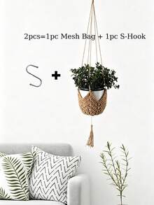 Jute Crochet Long Plant Hanging Basket, Suitable For 3-12 Inch Flower Pots, Woven Plant Hanging Rope With S-Hook, Home Decor - A - View 11