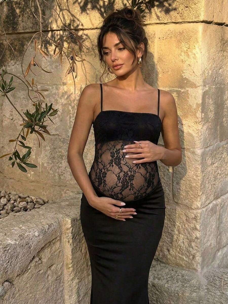 孕婦黑色蕾絲細肩帶魚尾洋裝,透視露肚孕婦裙,適合派對與拍照,秋季款 - 黑色 - 查看 1