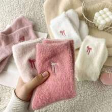 5/10 Pairs Cute Bow Embroidery Plush Mid-Calf Socks, Thickened Coral Fleece Women's Socks, Soft And Comfortable, Autumn/Winter Socks, Warm Socks, Christmas/Halloween Gifts, Women's Mid-Calf Socks, Women's Socks, Pink Socks, Comfortable And Soft, Girls' Socks, Back To School, Collegiate Style - Multicolor - View 4