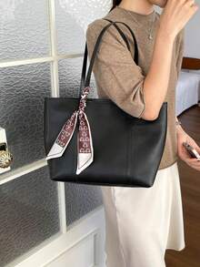 Fashion Solid Color PU Small Shoulder Tote Bag With Scarf Decoration, Suitable For Women Shopping, Commuting And Daily Use - Black - View 4