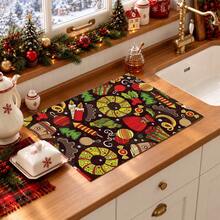 1pc Christmas Themed Printed Pattern Dish Drying Mat, Kitchen Countertop Bowl & Plate Rubber Bottom Drying Pad, Party Decoration, Super Absorbent Hidden Stain Dish Drying Mat, Soft Diatomaceous Earth With Rubber Backing Multi-Functional Kitchen Home Mat, Quick Dry Mat For Coffee Machine & Dish Rack, Kitchen Countertop Coffee Mat & Dish Drying Pad - LL LSD017 - View 5