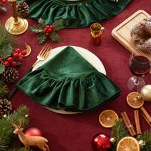 1/2/4pcs Christmas Velvet Ruffle Round Placemats, Vintage Luxury Fabric Table Mats, Holiday Table Decor - Green - View 8