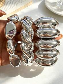 3/1pc Vintage Exaggerated Punk Style CCB Asymmetrical Beaded Bracelet Set, Suitable For Women's Daily Casual, Party, Vacation, Layering, Gift - Silver - View 3