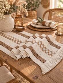 Tokoto 1pc Bohemian Woven Table Runner, Vintage Geometric Jacquard Tassel Dining Table Decor Cloth, Wabi-Sabi Style Coffee Table Cloth - Multicolor - View 1