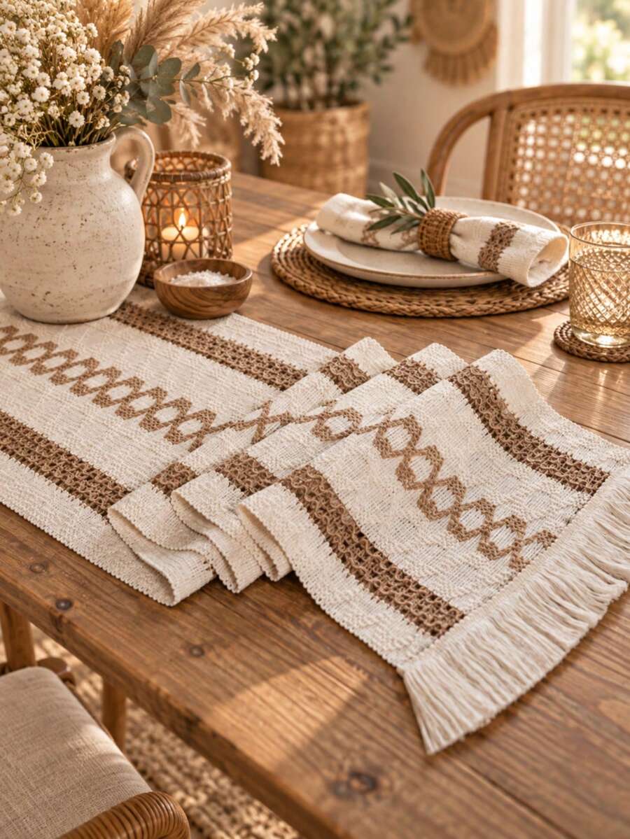 Tokoto 1pc Bohemian Woven Table Runner, Vintage Geometric Jacquard Tassel Dining Table Decor Cloth, Wabi-Sabi Style Coffee Table Cloth - Multicolor - View 1