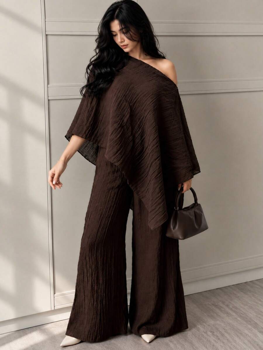 Women's Spring/Autumn Solid Color Asymmetric Collar Shawl Top + Wide Leg Pants 2 Pieces Set - Brown - View 1