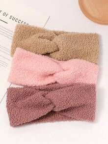 3-Piece Oversized Autumn/Winter Teddy Bear Fleece Solid Color Cross Headband Face Tie Women's Casual Versatile Headband - Multicolor - View 2