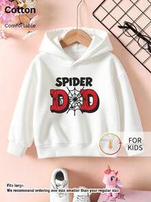 كنزة للأطفال بغطاء رأس، سويت شيرت سميك مبطن بالفليس بطبعة رسومية لحروف "Spider Dad Spider Web" - أبيض - مشاهدة 9
