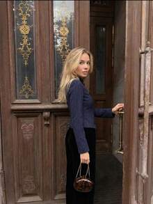 Fashionable Women's Pinstripe Regular Sleeve Stand Collar Blouse, Button Front Detail Long Sleeve Top In Non-Stretch Woven Fabric - Blue - View 5