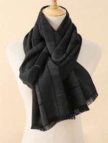 1pc Men's Striped Checkered Tassel Scarf, Retro Business Warm Thick Scarf, Suitable For Daily Commuting In Autumn And Winter, Office And Casual Wear. - Black and Gray - View 3