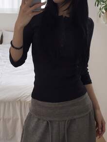 Kaos Henley Lengan Panjang Kancing Warna Polos Kasual Serbaguna - Hitam - View 4