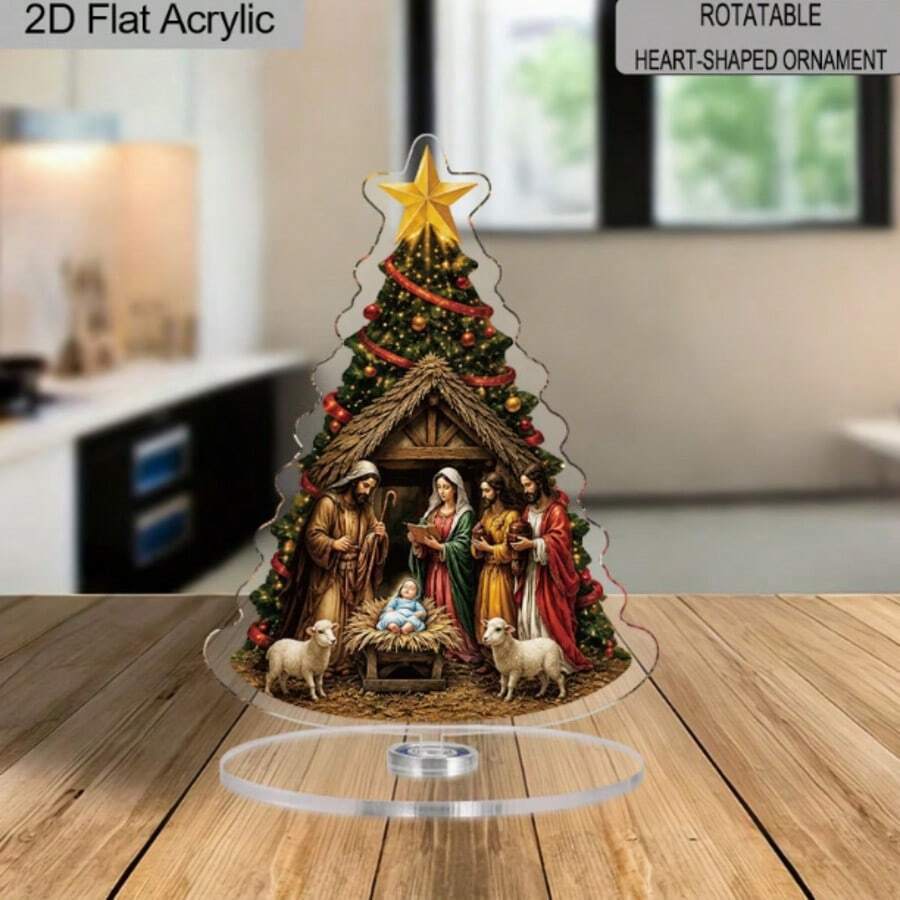 1/2pcs Acrylic Christmas Tree Shaped Nativity Scene Rotating Ornament, Suitable For Home, Office, Church Desktop Decoration, Religious Family Christmas Gift, Christmas Decoration, 2D - Rotating Ornament - View 1