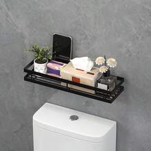 1pc Bathroom Storage Rack Wall-Mounted Matte Black Shower Organizer No Drilling Installation Floating Metal Shelf Suitable For Toilet Above And Sink Multi-Functional Hanging Basket Home Decor And Space Expansion Storage Rack - Multicolor - View 5