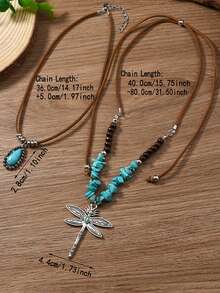 2pcs Vintage Fashion Western Cowboy Style Water Drop Dragonfly Pendant Necklace Set, Best Autumn/Winter Accessory Necklace, Great Gift - Silver - View 4