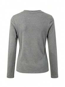 Women's Grey V-Neck Long Sleeve Pure Cotton Top, Autumn/Winter Regular Fit Mid-Stretch Slim T-Shirt - Light Grey - View 9