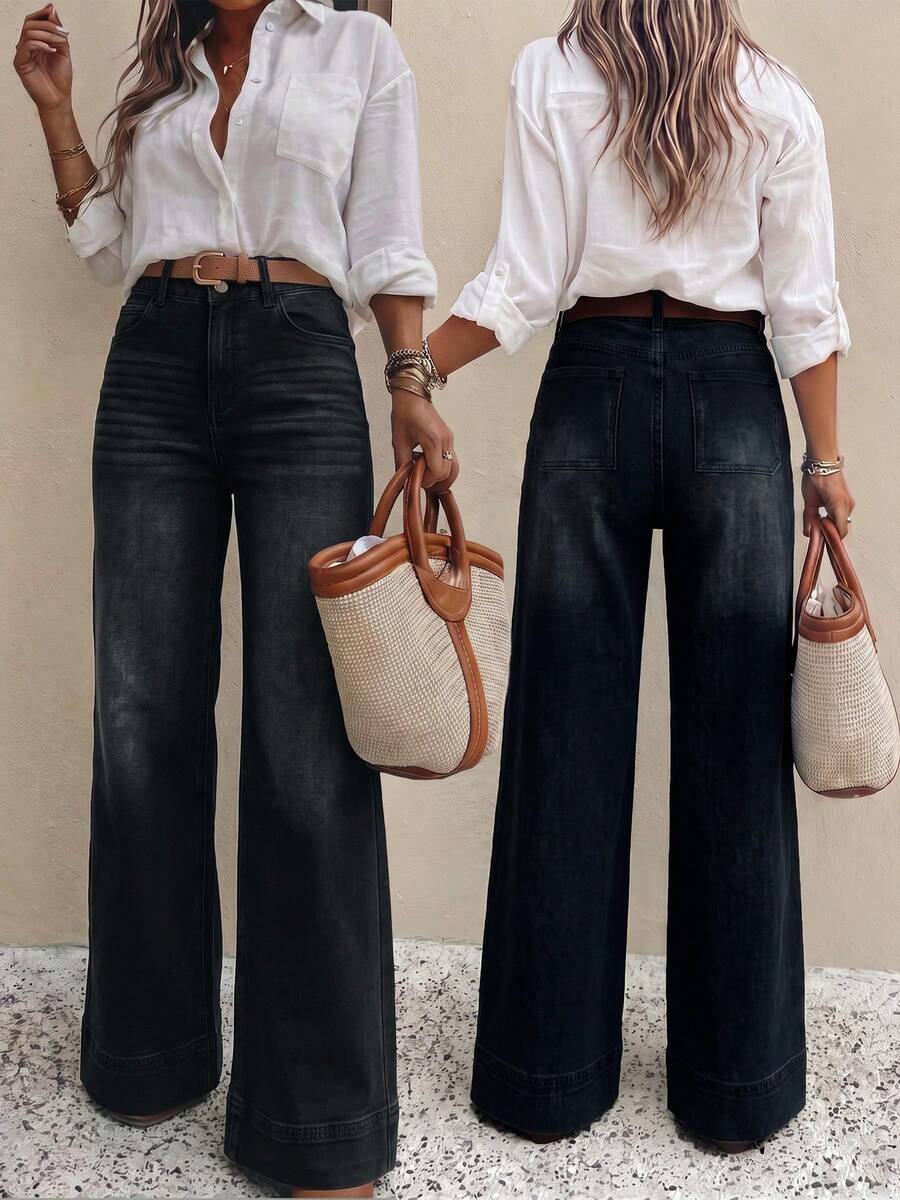 Quần dài denim nữ có túi, cài cúc, phong cách casual đa năng, mặc hàng ngày và đi du lịch - màu đen - Xem 1