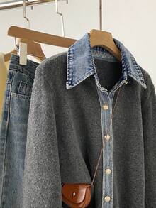 Vintage Preppy Style Denim Collar Knit Cardigan Jacket, Long Sleeve Button Down Loose Women Autumn Daily Sweater Coat - Grey - View 6