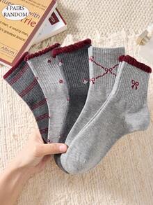 4 Pairs Women's Cute Cartoon Bow, Floral, Striped, Lace Pattern Mid-Calf Socks, Casual Comfortable School Style Student Socks, Fashionable Comfortable Random Colors Suitable For Daily Wear Spring Summer Autumn Winter All Seasons - Multicolor - View 11