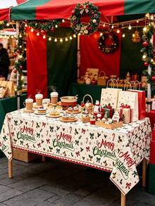 1Pc/3Pcs Christmas Plastic Tablecloth Rectangular, Merry Christmas Holiday Dining Decor, 54x108 Inch Classic Red & Cream Palette, Bow, Bell, Snowflake Vintage Pattern Winter Table Cloth, Xmas Party Decorations - Christmas Bow - View 7