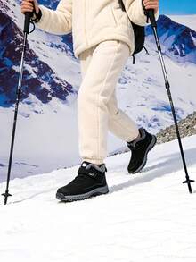Women's Snow Boots, Thick Sole Hiking Boots, Fluffy Thermal Lining, Minimalist Solid Color, Unisex, Outdoor Cold-Resistant Warm Ankle Boots - Black - View 6