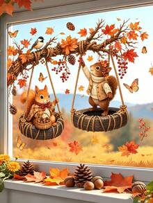 "Hello, FALL" Squirrel Swing Window Sticker, Removable Glue-Free Static Cling Glass Decal, Tree Branch Tire Swing Squirrel Bird Butterfly Berry Pine Cone Acorn Maple Leaf Pattern Design, Home Window Decor Beautification Sticker, Glass Surface Decorative Art Decal, Home Window Decor Beautification, Home Study, Living Room, Bedroom Glass Door Window Atmosphere Decoration Sticker - Multicolor - View 2