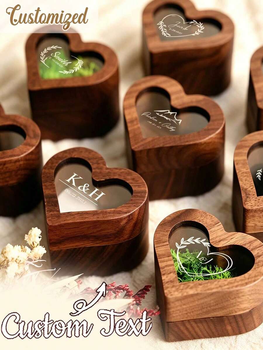 Personalized Wooden Ring Box, Engraved Engagement Wedding Ring Storage Box, Heart-Shaped Proposal Jewelry Gift Box, Suitable For Couples, Brides, Grooms - Multicolor - View 1