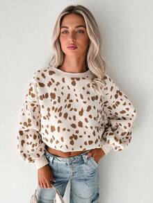 Acelitt Women's Leopard Print Short Knit Crew Neck Long Sleeve Casual Pullover Sweatshirt, Suitable For Spring And Autumn - Multicolor - View 1
