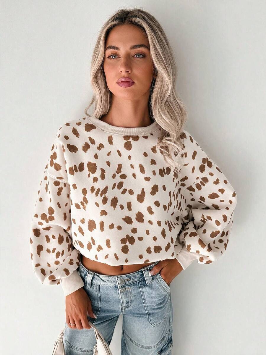 Acelitt Women's Leopard Print Short Knit Crew Neck Long Sleeve Casual Pullover Sweatshirt, Suitable For Spring And Autumn - Multicolor - View 1