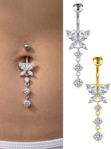 TOKRING Dangle Belly Button Ring - Stainless Steel Belly Rings For Women 14G Navel Belly Button Piercing CZ Butterfly Curved Navel Piercing Jewelry For Halloween Decoration - Multicolor - View 1