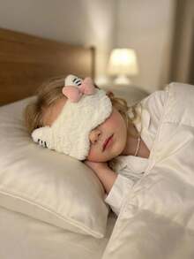 1 buah Masker Mata Tidur Anak & Remaja Berbahan Plush Motif Kucing dengan Pita, Ringan, Penutup Mata Anti Cahaya untuk Tidur Siang, Perjalanan, Menghalangi Cahaya - Berwarna merah muda - View 9