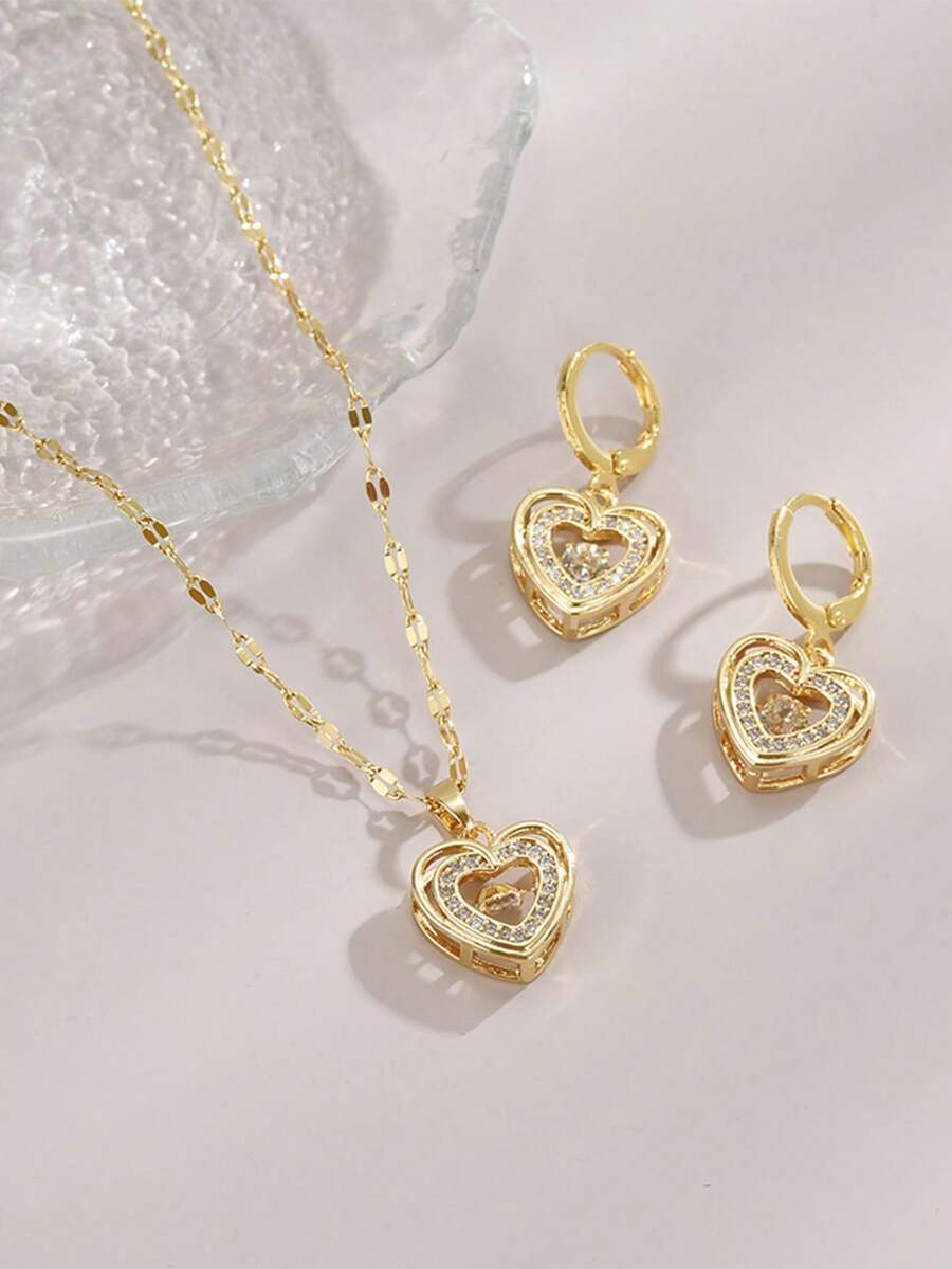 1pc Fashion Cubic Zirconia Heart Stainless Steel Women's Necklace, 1 Pair Fashion Cubic Zirconia Heart Stainless Steel Women's Earrings, Gold Necklace, Gold Earrings, Stainless Steel Jewelry, Gold Jewelry, Summer, Beach, Vacation Jewelry, Charm, Pride, Western Jewelry, Gift For Women, Gift, Birthday Gift - Yellow Gold - View 1