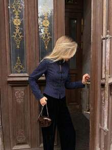 Fashionable Women's Pinstripe Regular Sleeve Stand Collar Blouse, Button Front Detail Long Sleeve Top In Non-Stretch Woven Fabric - Blue - View 6