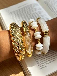 4pcs/1pc Bohemian Style Simple Elegant Fashion Women's Braided Beaded Curved Elastic Bracelet Set, Suitable For Women's Vacation, Date, Daily Wear, Stackable, Perfect Gift Choice - Multicolor - View 3