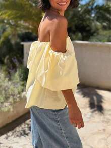 Women's Lantern Sleeve Short Sleeve Cold Shoulder Top, Suitable For Beach Vacation And Daily Wear, Summer Style Yellow - Yellow - View 4