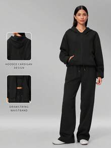 MFVIM Women's Autumn/Winter New Long Sweatshirt + Long Sweatpants 2pcs Sports Casual Versatile Set - Premium Black - View 3