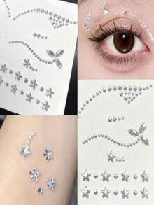 1pc Christmas New Silver Streamlined Rhinestone Round Rhombus Pentagram Face Makeup Sticker, For Face Makeup Decoration, Y2K European American Japanese Universal Style, Face Sticker Shop Exclusive - Silver - View 3