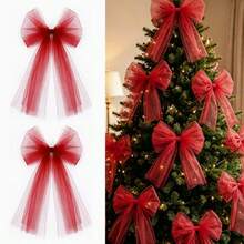 1pc Large Red Tulle Christmas Tree Bows, Oversized Sheer Ribbon Bow Decorations For Christmas Tree, Wreath, Mantel, Fireplace & Front Door, Holiday Home Decor - Multicolor - View 2