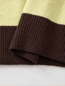 Spring/Autumn Multi-Color Contrast Lapel Long Sleeve Half-Button Cardigan Sweater - Brown and Yellow - View 10