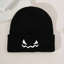 1pc Fashionable Ear-Protective Windproof Knitted Solid Color Beanie Hat With Halloween Pumpkin Embroidery, Unisex - Multicolor - View 3