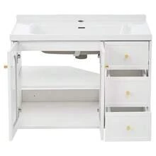 [With Ceramic Basin] 80cm Multifunctional Wall-Hung Bathroom Vanity Unit, MDF Panel, Large Storage Capacity: 2 Drawers + Cabinet With Glass Door (Semi-Transparent, With Adjustable Shelves) - White - View 8