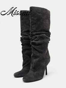 Sepatu Boots Tinggi Ujung Runcing Hak Tinggi Gaya Vintage Shaft Lebar Setinggi Lutut Hak Stiletto Riding Boots Baru - Dark Grey - View 1