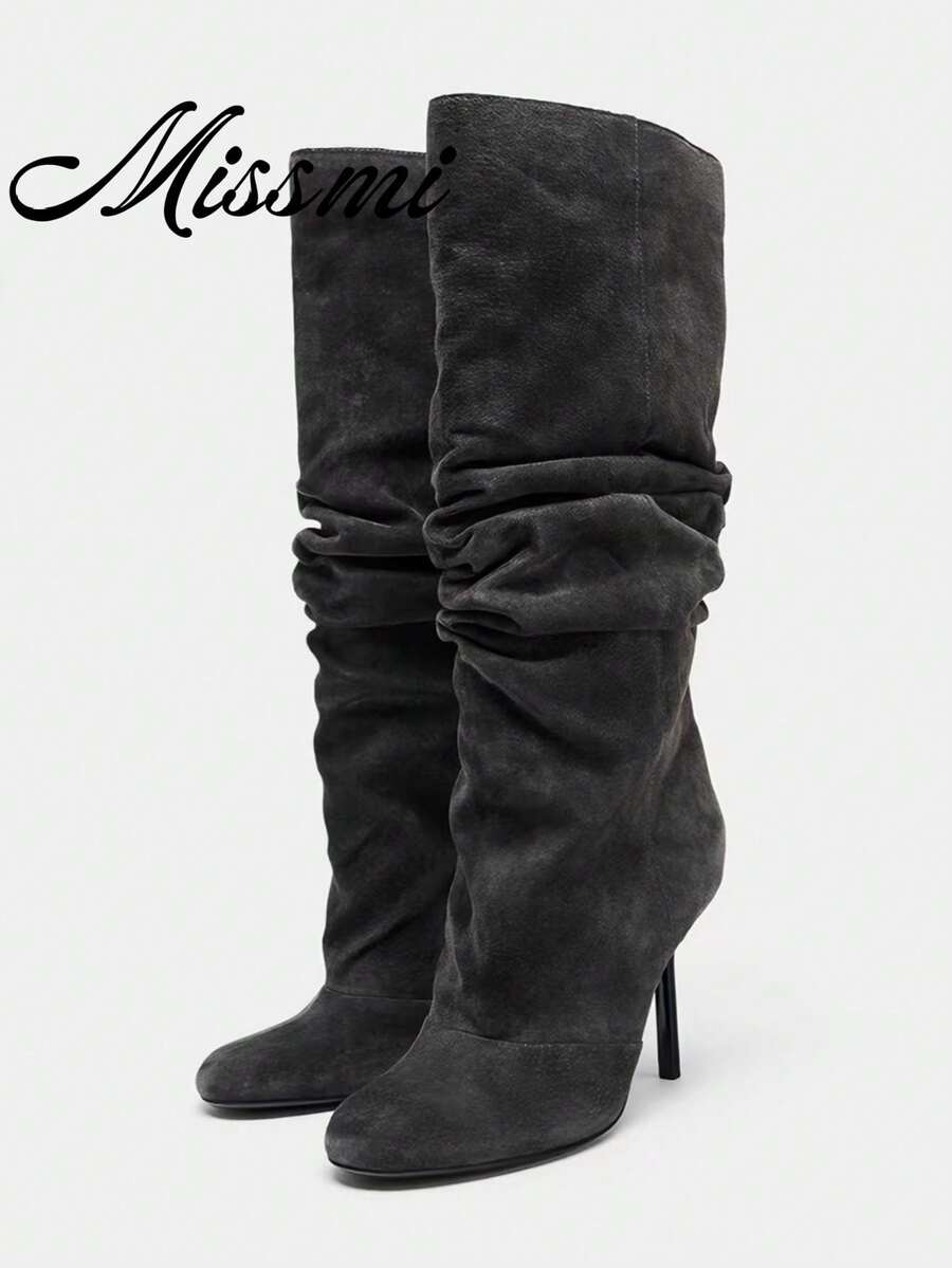 Sepatu Boots Tinggi Ujung Runcing Hak Tinggi Gaya Vintage Shaft Lebar Setinggi Lutut Hak Stiletto Riding Boots Baru - Dark Grey - View 1