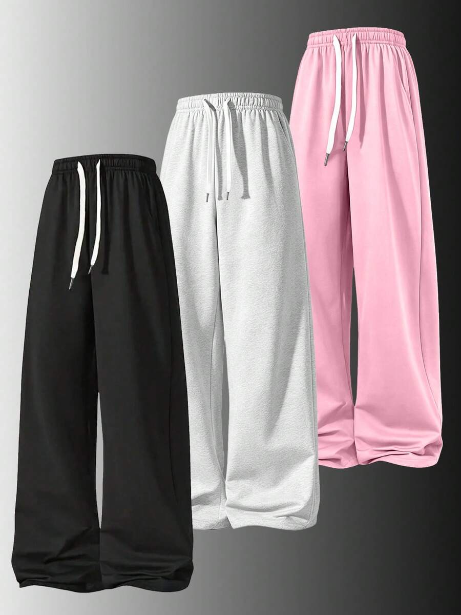 Pantalones largos de mujer con diseño de cordón, ajuste holgado, estilo casual, pantalones de pierna ancha para primavera, verano, otoño y deportes - Negro - Ver 1