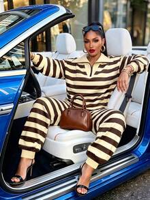 Fashionable Women's Striped Casual 2 Pieces Set, Contrast Color Collar, Zipper Detail Top With Matching Pants, Suitable For Casual Occasions - Yellow - View 9
