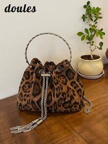 Minimalist Leopard Print Matte Fabric Crossbody Bag With Chain Strap, Suitable For Commuting And Travel - Brown - View 12
