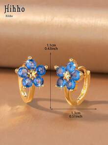 Hihho 2pcs/Set 3D Flower Design Earrings, Transparent Blue Zirconia, Rich Color & Sparkling, Small Size, Delicate & Lively On Ears, Suitable For Daily Wear Or As Festival Gift - Small Flower Star - View 6