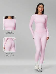 MFVIM 女款秋冬新款純色長袖上衣 + 長褲 2件式瑜伽運動皮拉提斯套裝 - 淺粉色 - 查看 3