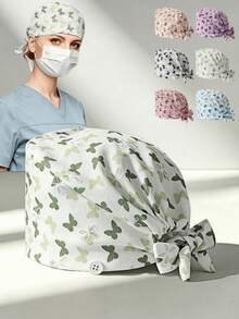 1pc Women's Foam Embroidered Butterfly Print Tie-Up Work Cap, Side Button Design Adjustable Head Wrap Hat, Breathable Dust-Proof Salon Kitchen Protective Cap - Foam Small Butterfly - View 1