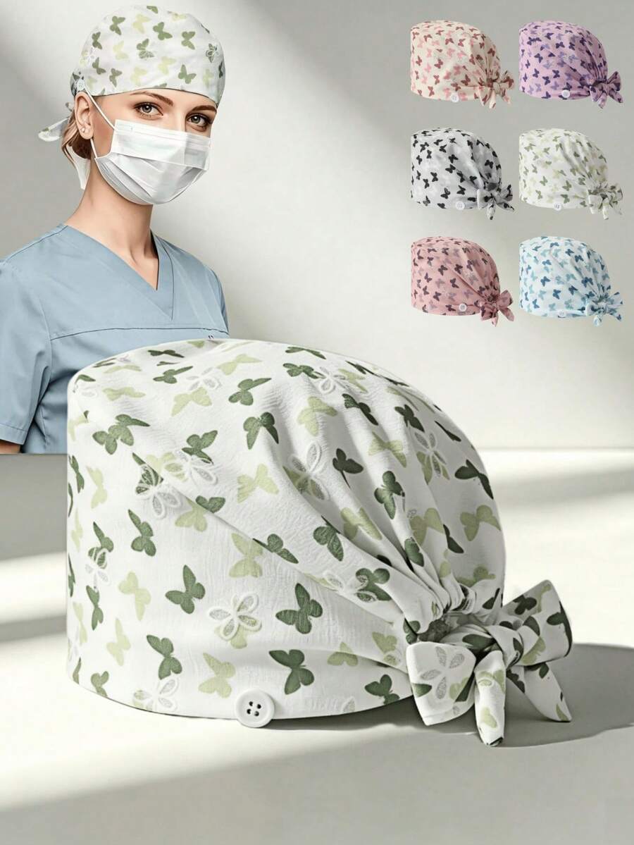 1pc Women's Foam Embroidered Butterfly Print Tie-Up Work Cap, Side Button Design Adjustable Head Wrap Hat, Breathable Dust-Proof Salon Kitchen Protective Cap - Foam Small Butterfly - View 1